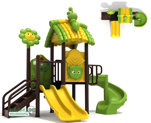 เครื่องเล่นสนามธีมธรรมชาติ สีเขียวหลังคาไผ่