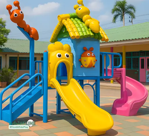 สนามเด็กเล่นธีมแมลง หลังคาไผ่ สีเหลืองฟ้า–ชมพู