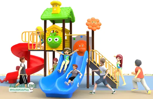 สนามเด็กเล่นสไลเดอร์คู่และสไลเดอร์เกลียว ดีไซน์บ้านการ์ตูน