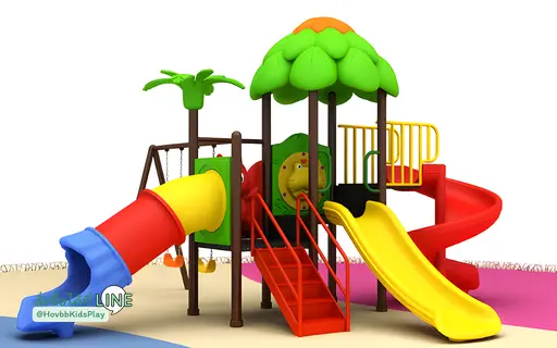 สนามเด็กเล่นธีมป่า ใต้เรือนยอดไม้สีเขียวสดใส