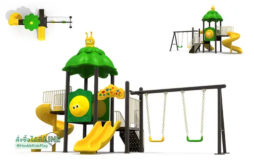 ของเล่นสนามเด็กพร้อมสไลเดอร์คู่และชิงช้า